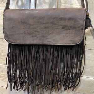 Western Brown Fringe Leather Crossbody Bag, stylish & durable, Dark Brown, EUC